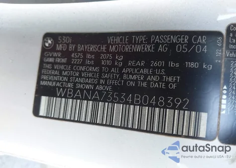 2004 BMW 530 I z USA, uszkodzony, nr VIN WBANA73534B048392